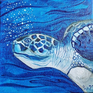 Pintura a óleo de tartaruga marinha original pintada à mão pintura de papelão oceano pintura animal vida selvagem arte miniatura arte pintura azul mini No. 187