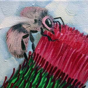 Pintura a óleo de abelha original pintada à mão, flor, cardo, espinhos, abelha, inseto, jardim, 10 x 10 cm, nº 27