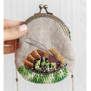 Small handmade hand embroidered purse small purse pouch handmade purse kiss clasp bee unique