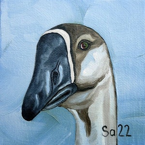 Pintura al óleo de ganso, pintura al óleo original pintada a mano, óleo sobre lienzo, portafolios de pintura del artista, pintura de pájaro, pintura de pájaro pequeño, pintura al óleo, 10 x 10 cm, n.° 102