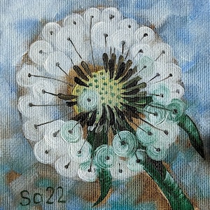 Pintura a óleo de dente-de-leão, pintura original pintada à mão, miniatura, arte botânica, pintura de jardim de flores, decoração de parede, 10 x 10 cm, nº 88