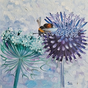 Pintura a óleo abelha original pintada à mão pintura flores inseto jardim natureza abelha pintura pintura miniatura primavera arte natureza mini n.º 185