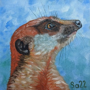 Pintura a óleo de suricato, pintura a óleo original pintada à mão, óleo sobre pasta de pintura do artista, pintura em papelão, pintura em linho, pintura em papelão, animal 15 x 15 cm No. 89