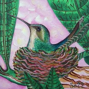 Ninho de beija-flor Pintura a óleo Original pintado à mão em papelão Pintura em miniatura Mini Arte animal Pintinho Decoração de pássaros Amante de pássaros 15 x 15 cm No.