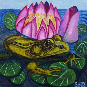 Pintura a óleo de sapo, arte animal original pintada à mão, miniatura, pintura da natureza, sapo, lagoa, nenúfar, presente para amantes de sapos, 15 x 15 cm, nº 97