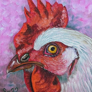 Pintura a óleo de galo original pintada à mão pintura a óleo miniatura mini arte animal fazenda amante de pássaros pintura pássaro natureza 15 x 15 cm n.º 61