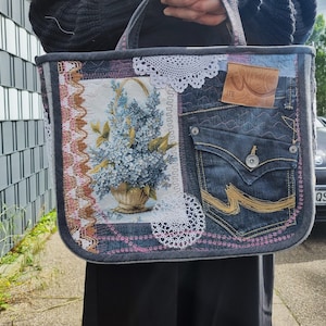 Jeans shopper bag upcycled everyday bag handmade shoulder handbag tapestry upcycling flower forget-me-not unique oversized unique fashion