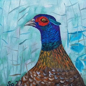 Faisán pintura al óleo original pintada a mano, óleo sobre carpeta de pintura del artista, cartón de pintura pintura pájaro 15 x 15 cm No. 64