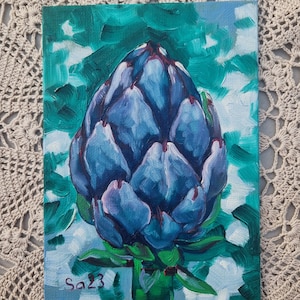 Alcachofra pintura original pintada à mão colheita flor arte botânica natureza pintura única decoração de parede estilo casa de campo 13 x 18 cm No.