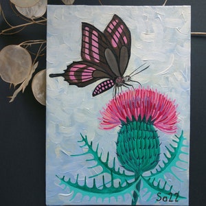 Pintura al óleo de cardo mariposa Pintura al óleo original pintada a mano Óleo sobre portafolios de pintura del artista Pintura Cartón Pintura Jardín de flores 13 x 18 cm N.º 23