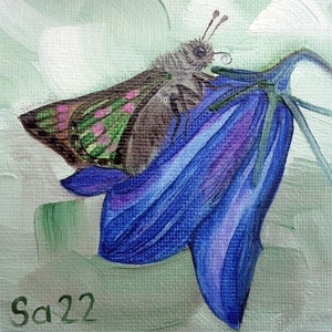 Pintura al óleo de mariposa campanilla, pintura al óleo original pintada a mano, óleo sobre lienzo, portafolios de pintura del artista, pintura de flor de campanilla, pintura de 10 x 10 cm, n.° 95