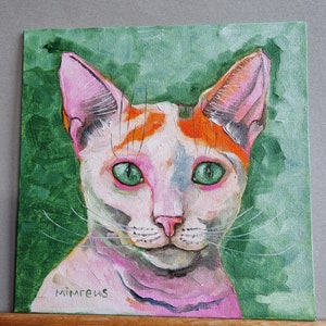 Pintura a óleo de gato original pintada à mão pintura de animal de estimação olhos verdes miniatura mini animal pintura de gato arte pintura de gato pintura de papelão nº 150