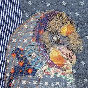 Patch bird of prey owl textile collage art recycled upcycling fabric upcycled fabric scraps large machine embroidery artwork sewingart night