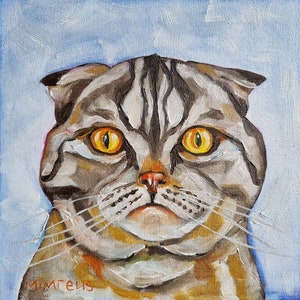 Pintura a óleo de gato original pintada à mão pintura de animal de estimação olhos grandes miniatura mini pintura de animal pintura de gato arte pintura de gato papelão nº 152