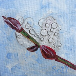 Pintura a óleo de orvalho de amentilho de salgueiro, pintura a óleo original pintada à mão, óleo sobre portfólios de pinturas de artistas, pintura de gotas de salgueiro, pintura de jardim 10 x 10 cm No. 93