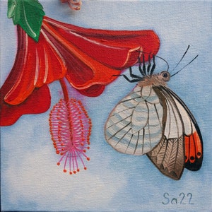 Pintura a óleo de borboleta hibisco, pintura a óleo original pintada à mão, jardim de flores, 15 x 15 cm, nº 28
