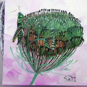 Gafanhoto pintura a óleo original pintada à mão pintura a óleo flor inseto jardim miniatura 15 x 15 cm No. 83