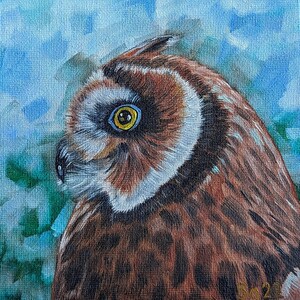 Coruja, águia, coruja, pintura a óleo, original, pintada à mão, papelão, miniatura, ave de rapina, pássaro noturno, pintura noturna, presente, amante de pássaros, pássaro, 15 x 15 cm, nº 68