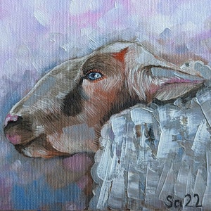 Pintura a óleo de ovelha Original Pintura a óleo pintada à mão Arte Animal Miniatura Mini Animal Lover Fazenda Pintura Animal Vida Selvagem 15 x 15 cm No. 63