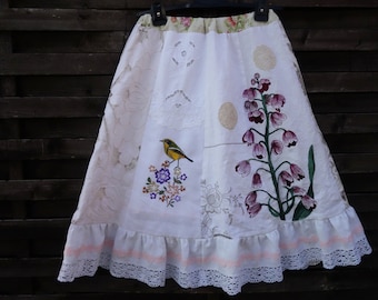 Upcycled Hand Embroidered Skirt With Bird, Flower