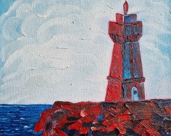 Lighthouse oil painting landscape seascape original hand painted oil miniature ocean sea rocks mini still life house decoration gift