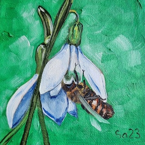 Abeja Snowdrop Galanthus pintura al óleo original pintado a mano pintura flor insecto primavera abeja amante abeja arte abeja pintura No. 181