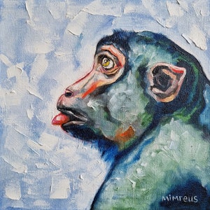 Pintura a óleo de macaco original pintada à mão pintura amante de macaco pintura de animais papelão pintura de animais retrato de macaco arte 20 x 20 cm No. 156