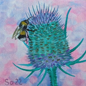 Pintura a óleo de abelha cardo selvagem carda original pintura pintada à mão flor em miniatura mini arte animal natureza jardim de insetos 15 x 15 cm nº 80