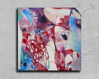 Abstract oil painting on canvas, Small abstract oil art, Blue red painting, home décor, housewarming gift, Christmas gift,  12" x 12"