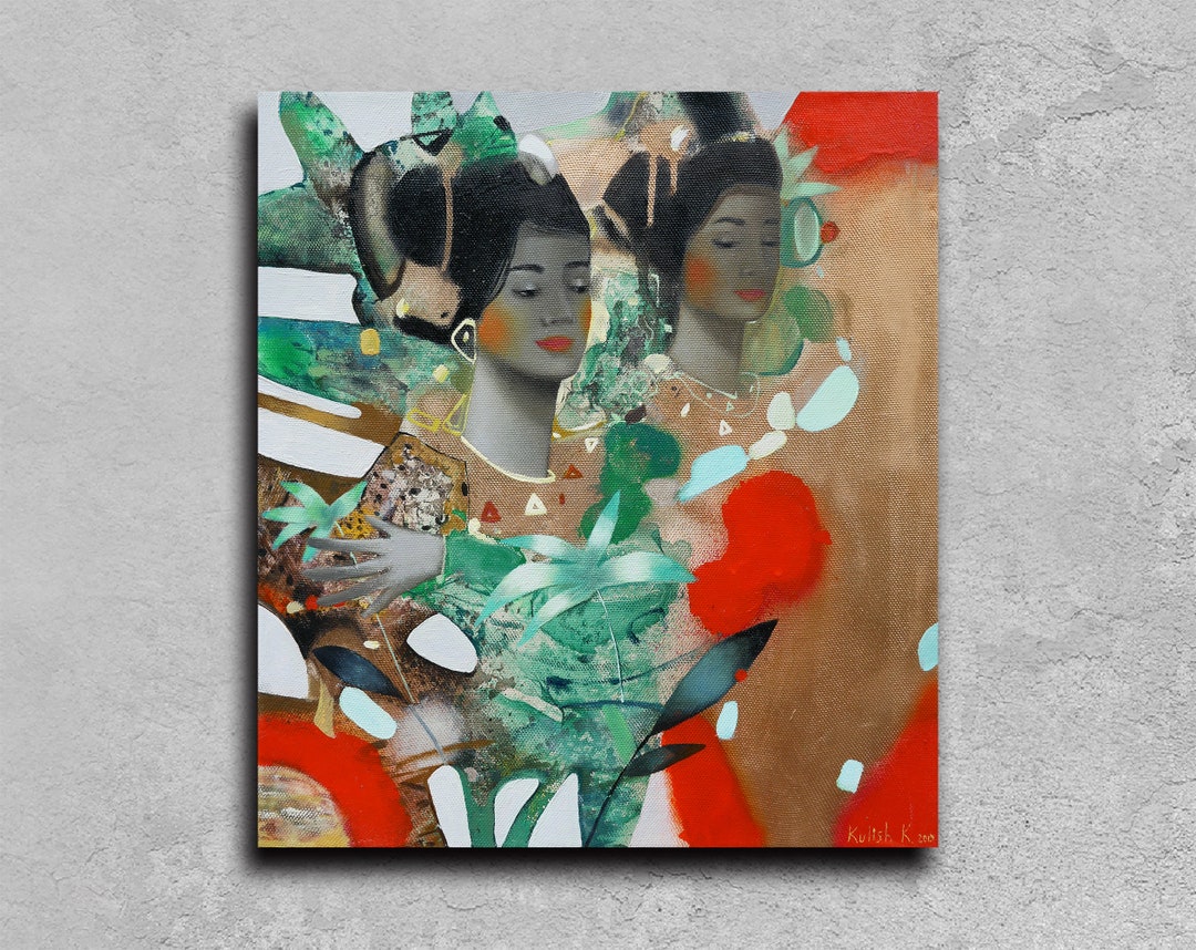 Original Abstract Woman Oil Painting on Canvas, Red Green Gold Modern ...