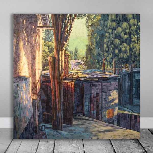 Original painting on canvas, Modern landscape oil painting, Urban landscape oil art, large green brown urban canvas painting, 27" x 27"