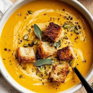 Puede incluir: Un cuenco de sopa de color naranja brillante, adornado con picatostes tostados, hierbas verdes y semillas de calabaza. Remolinos de crema y pimienta negra añaden interés visual. La sopa se sirve en un cuenco blanco sobre una superficie de madera.