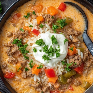 May include: Overhead shot of a bowl of soup with a creamy orange broth. The soup contains rice, ground meat, diced carrots, red and green bell peppers, and is topped with a dollop of sour cream and fresh parsley. A black spoon rests in the bowl.