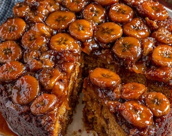 Caramel Banana Upside Down Cake with Chocolate Chips (Printable Recipe PDF Card)