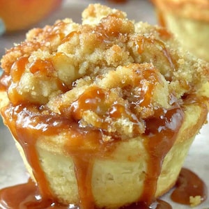 May include: A close-up of a baked dessert with a golden-brown crumble topping and a generous drizzle of caramel sauce. The dessert is in a muffin cup, with the caramel sauce cascading down the sides. A peach is visible in the background.