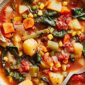 Puede incluir: Primer plano de un cuenco lleno de sopa de verduras. La sopa es de un color rojo vibrante y contiene trozos de patatas, zanahorias, maíz, guisantes y verduras de hoja verde. Una cuchara plateada descansa en la sopa.