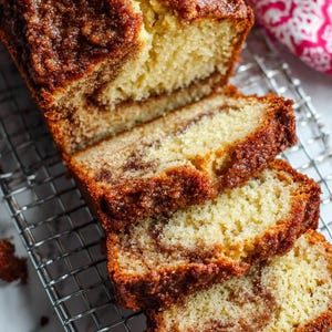 Puede incluir: Un pan en rodajas con remolinos de canela sobre una rejilla metálica. El pan tiene un interior amarillo dorado con un remolino de canela marrón y una corteza marrón texturizada. Las rebanadas están listas para servir.