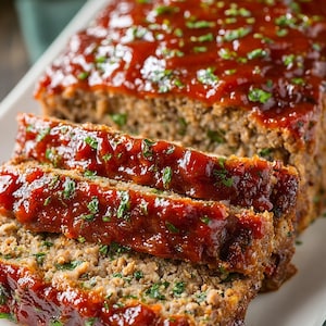 May include: A sliced meatloaf on a white rectangular plate. The meatloaf is topped with a glossy red glaze and sprinkled with green herbs. The meatloaf is a light brown color and has a textured surface.