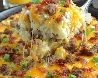 Easy Breakfast Casserole |  Printable PDF Recipe Card | Sausage Bacon Egg Hash Brown Bake
