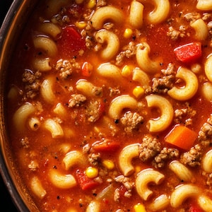 Beef Tomato Macaroni Soup |  Printable Recipe PDF Card | Hearty Hamburger Pasta