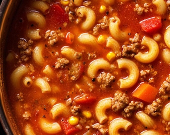 Beef Tomato Macaroni Soup |  Printable Recipe PDF Card | Hearty Hamburger Pasta