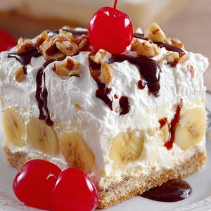 May include: A slice of banana cream dessert on a white plate. The dessert features layers of bananas, whipped cream, and a graham cracker crust, topped with chocolate sauce, chopped walnuts, and a red cherry.