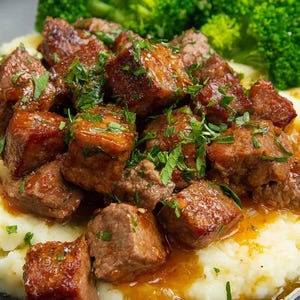 Op de afbeelding: Een bord eten met aardappelpuree, gegarneerd met stukjes gekookt vlees en gegarneerd met verse peterselie. Een kant van felgroene broccoliroosjes maakt de maaltijd compleet.