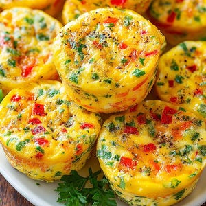 May include: A plate of yellow egg muffins with red pepper and green herbs. The muffins are on a white plate, garnished with parsley. The food looks freshly made and ready to eat. The muffins are a vibrant and colourful dish.