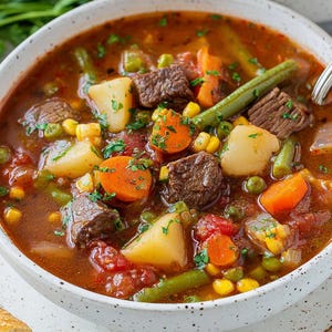May include: A close-up shot of two white bowls filled with hearty beef stew. The stew contains chunks of beef, potatoes, carrots, green beans, peas, and corn in a rich, reddish-brown broth. Fresh parsley garnishes the top. A piece of bread is visible.