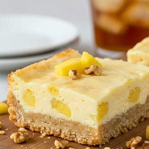 May include: A slice of pineapple cheesecake with a graham cracker crust, topped with yellow pineapple chunks and walnuts. The dessert sits on a wooden cutting board, with a glass of iced tea in the background.