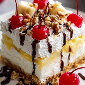 Puede incluir: Una porción de postre en capas con una base de galleta, una capa de crema pastelera amarilla y una cobertura de crema batida. Adornado con cerezas rojas, rodajas de plátano, nueces picadas y salsa de chocolate.