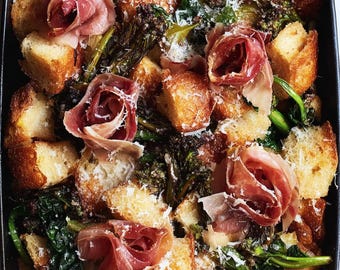 Parmesan Bread Pudding with Broccoli Rabe and Pancetta Recipe - Printable PDF