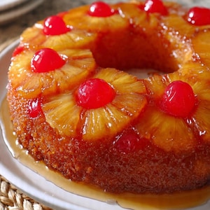 Può includere: Una torta rovesciata all'ananas marrone dorato, cotta a forma di anello, su un piatto bianco. La torta è guarnita con fette di ananas e ciliegie rosse. Una glassa dolce e sciropposa circonda la torta.
