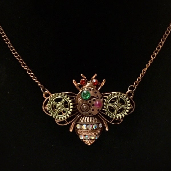 Retro Antique Copper Steampunk Gear Bee Pendant Necklace Vintage Jewelry